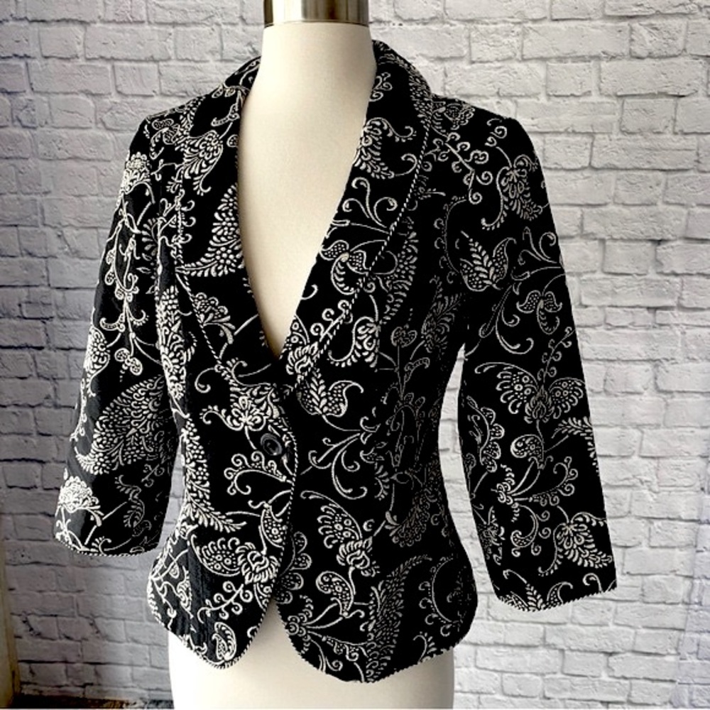 Cabi Eliza Jacket Blazer Style 312 Brocade Jacquard Black Cream White Womens 4